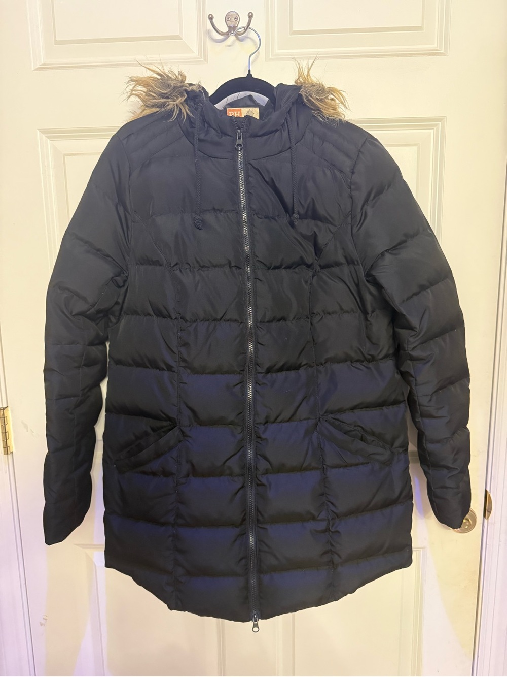 Ruff Hewn Black Quilted Puffer Jacket Coat with Faux-Fur Hood - Size L